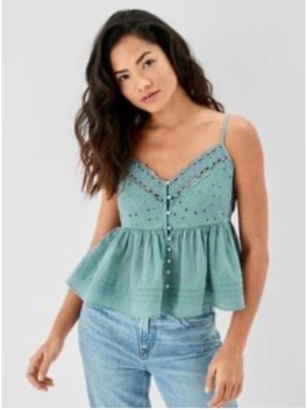 American Eagle Embroidered Button-Up Peplum Poplin Tank Top Teal Medium